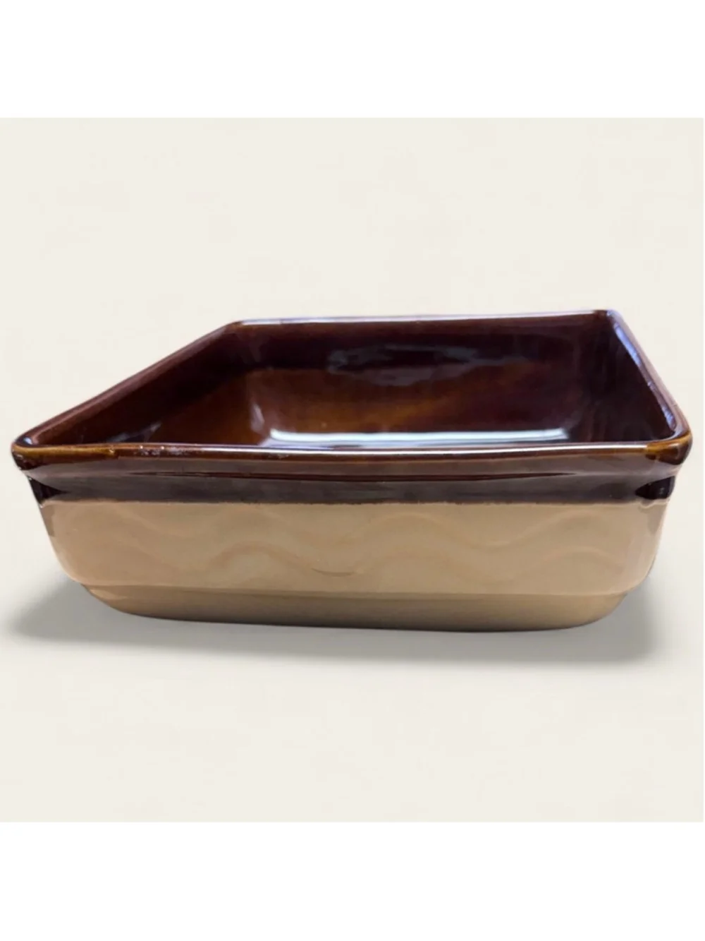Vintage Mid-Century Stoneware Casserole Dish Brown & Beige Rectangular Baker